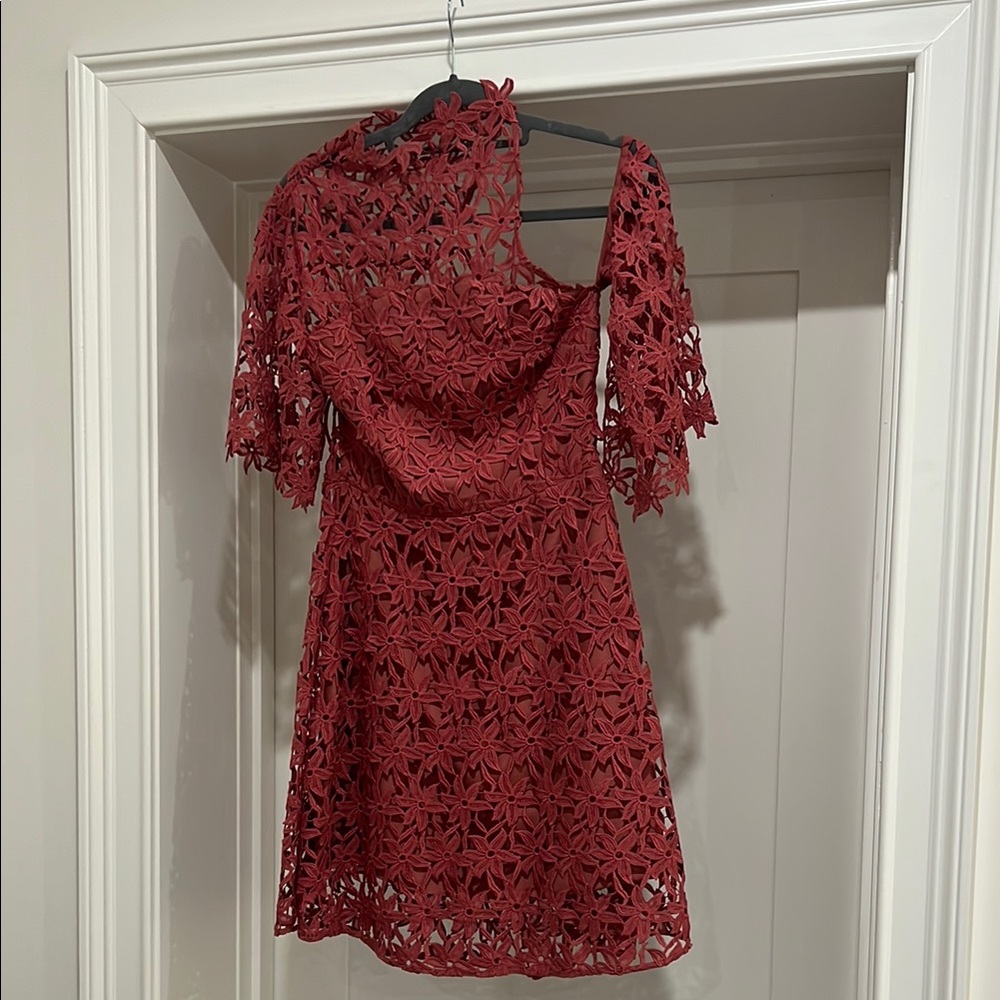 Chic One Shoulder Lace Dress in Deep Red